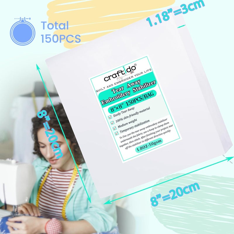 craftido 8"x8" 150 Sheets Tear Away Embroidery Stabilizer Backing for 4x4 and 6x6 Hoops 1.8oz Medium Weight for Machine Embroidery and Hand Sewing - Image 2